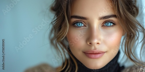 Close-up beauty portrait of a young woman with flawless skin, attractive features, and stylish makeup in a studio setting.