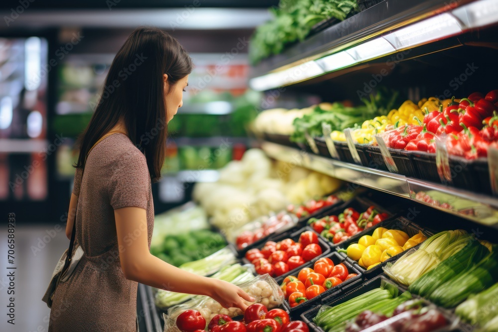 A woman is looking for organic vegetable in the shelf at supermarket. Local fresh vegetable is good for healthy people. woman chooses fruits and vegetables in the grocery store