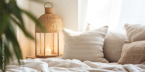 Cropped shot of a king sized bed in a stylish boho bedroom with beams of natural sun light from the window. Kingsize bed with puffy pillows. Close up, copy space, background.