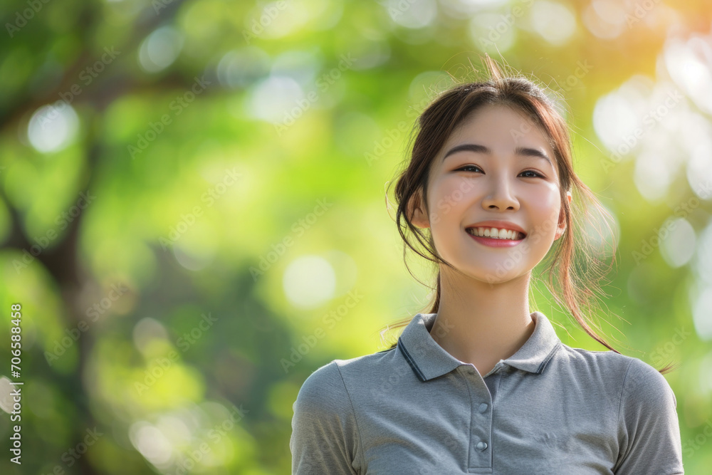 Joyful Asian Woman Wearing Gray Polo Shirt Surrounded By Nature Joyful Asian Woman Wearing Gray Polo Shirt Surrounded By Nature