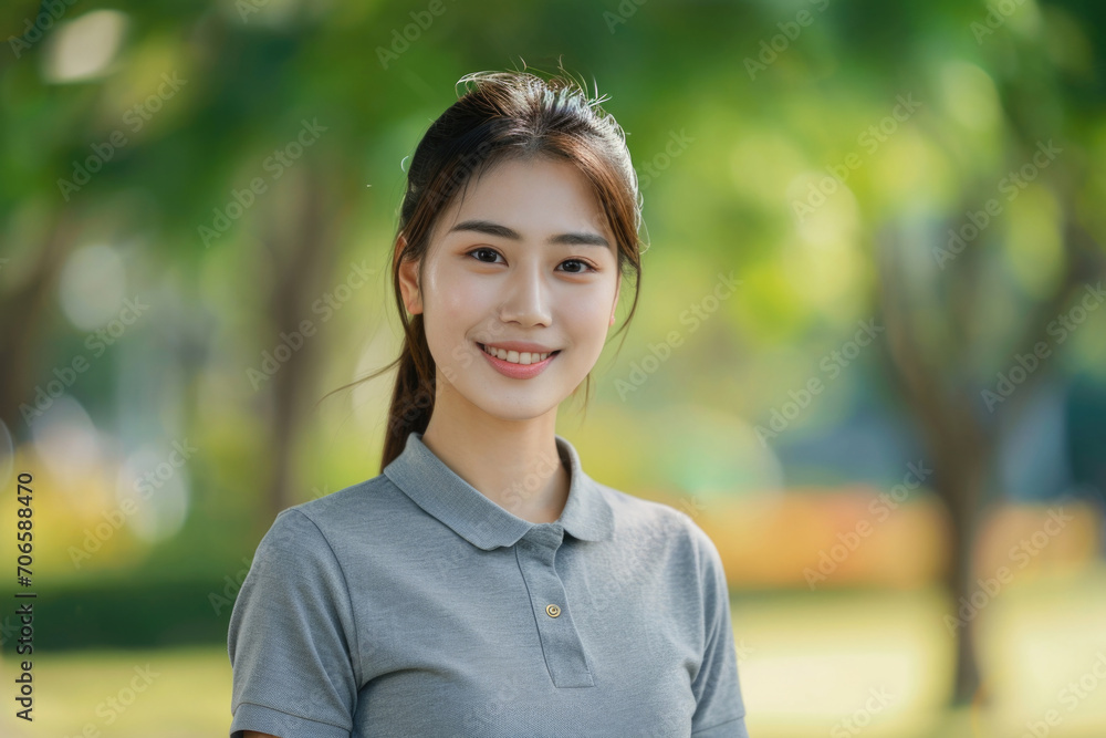 Asian Woman In Gray Polo Shirt Embracing Happiness With Nature As A Backdrop Asian Woman In Gray Polo Shirt Embracing Happiness With Nature As A Backdrop