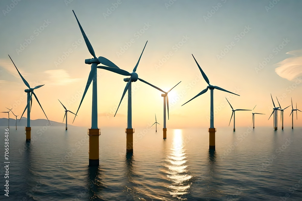 Wind turbines. Windmills at sunset. Offshore power plant. Wind turbines near lake. Giant fans to generate electricity. Offshore wind turbines. Extraction of green fuel. Sustainable energy. 3d image   