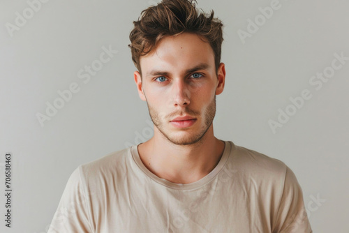 Blue-Eyed Handsome Young Man Sporting A Beige T-Shirt