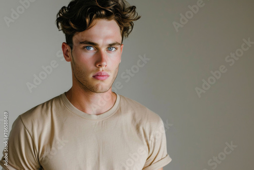Striking Young Man With Piercing Blue Eyes And A Beige T-Shirt