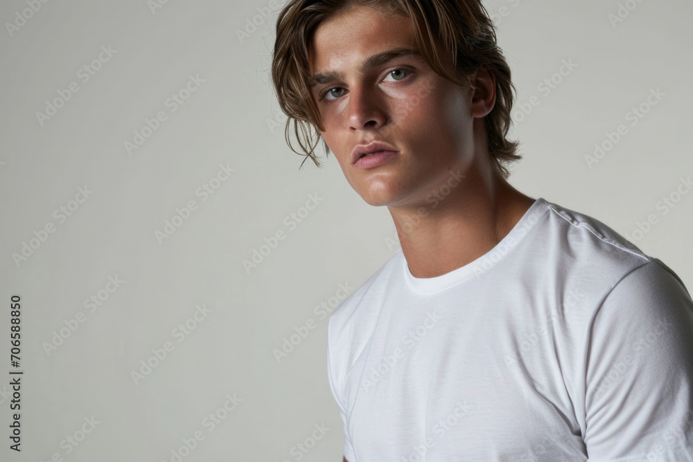 Male Model Showcases The Timeless Appeal Of A White Cotton T-Shirt Male Model Showcases The Timeless Appeal Of A White Cotton T-Shirt