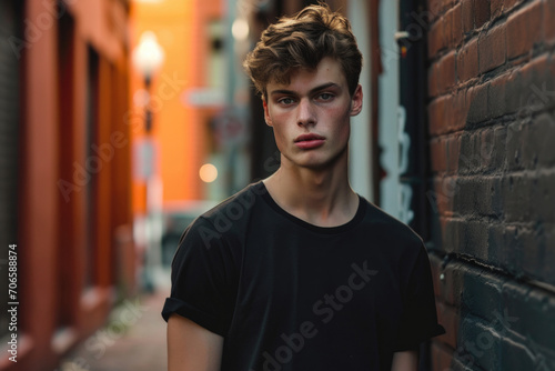 Stylish Male Model Sporting A Black T-Shirt Outfit On The Street