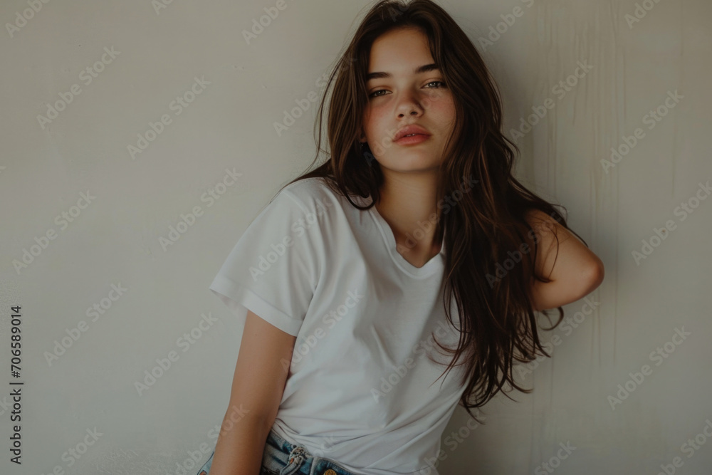 Minimalistic Model Poses In Plain T-Shirt Against Wall Minimalistic Model Poses In Plain T-Shirt Against Wall