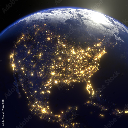 Earth at night from around the globe, 3D rendering