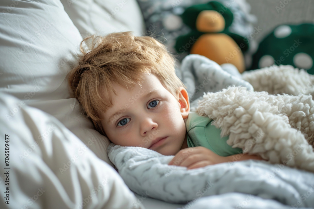 Young Boy With A Fever Finds Rest In Bed Young Boy With A Fever Finds Rest In Bed