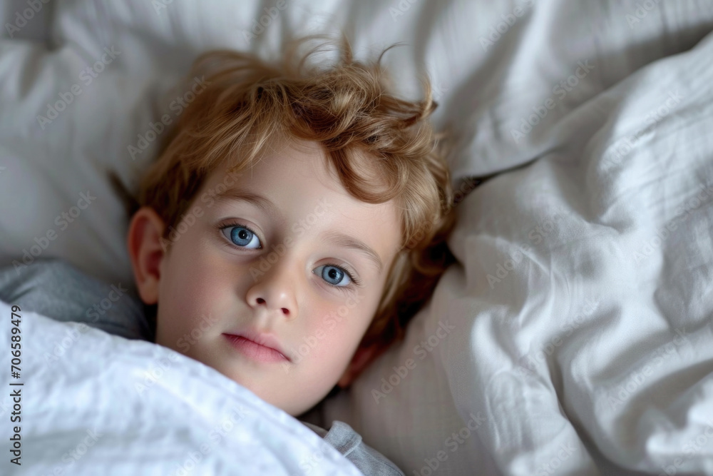 Resting In Bed: Sick Toddler Boy With A Fever Resting In Bed: Sick Toddler Boy With A Fever