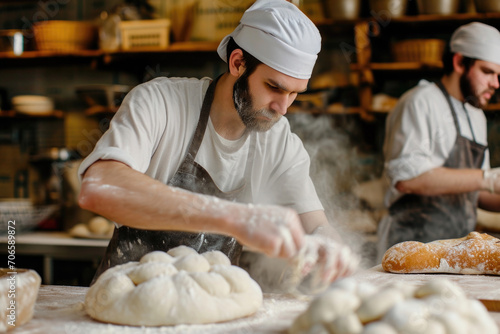 Skilled Male Bakers Expertly Knead Dough