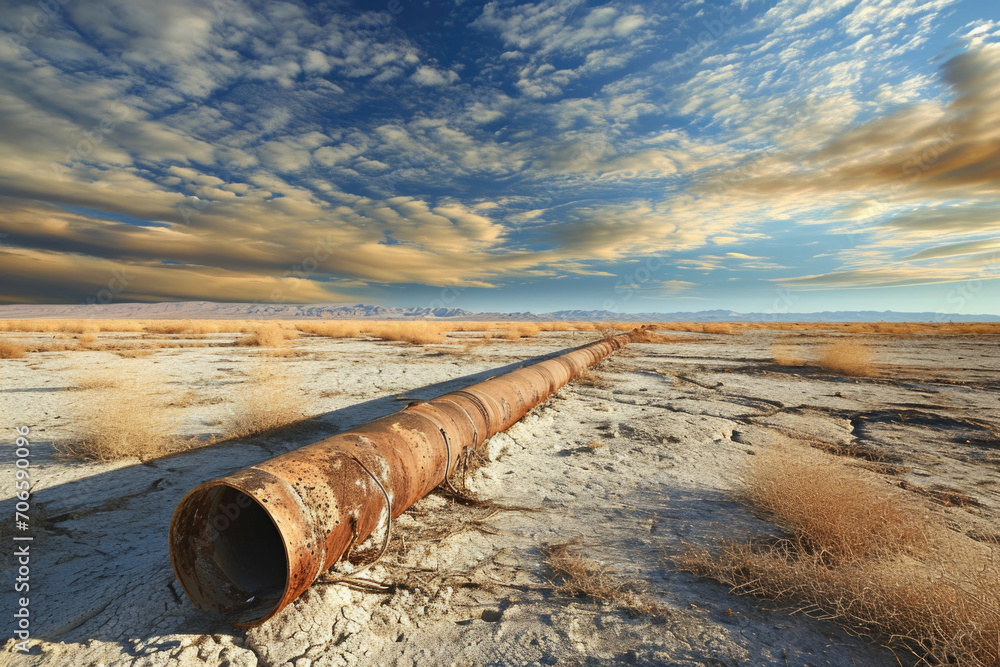 Water Scarcity Crackling Desert And Abandoned Water Pipe Water Scarcity Crackling Desert And Abandoned Water Pipe