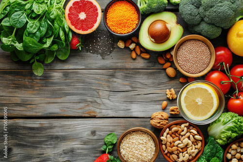 Variety Of Healthy Food Displayed On Wooden Background