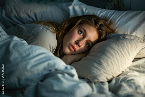 Woman Suffers From Insomnia, Lying Awake In Bed