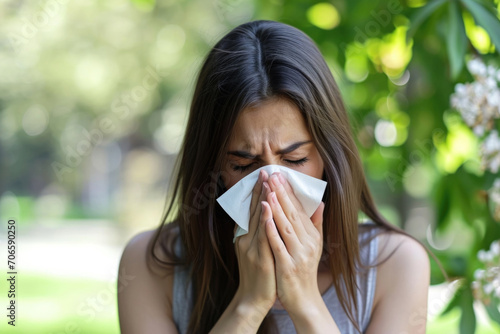 Woman With Allergy Symptom Blows Her Nose