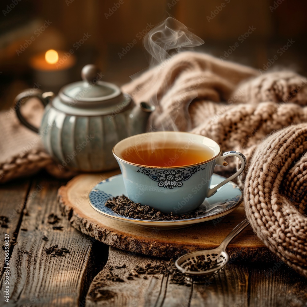 steaming cup of Earl Grey tea sits on a rustic wooden table, surrounded by loose tea leaves, a vintage teapot, and a cozy knitted blanket steaming cup of Earl Grey tea sits on a rustic wooden table, surrounded by loose tea leaves, a vintage teapot, and a cozy knitted blanket