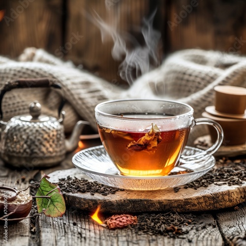 steaming cup of Earl Grey tea sits on a rustic wooden table, surrounded by loose tea leaves, a vintage teapot, and a cozy knitted blanket