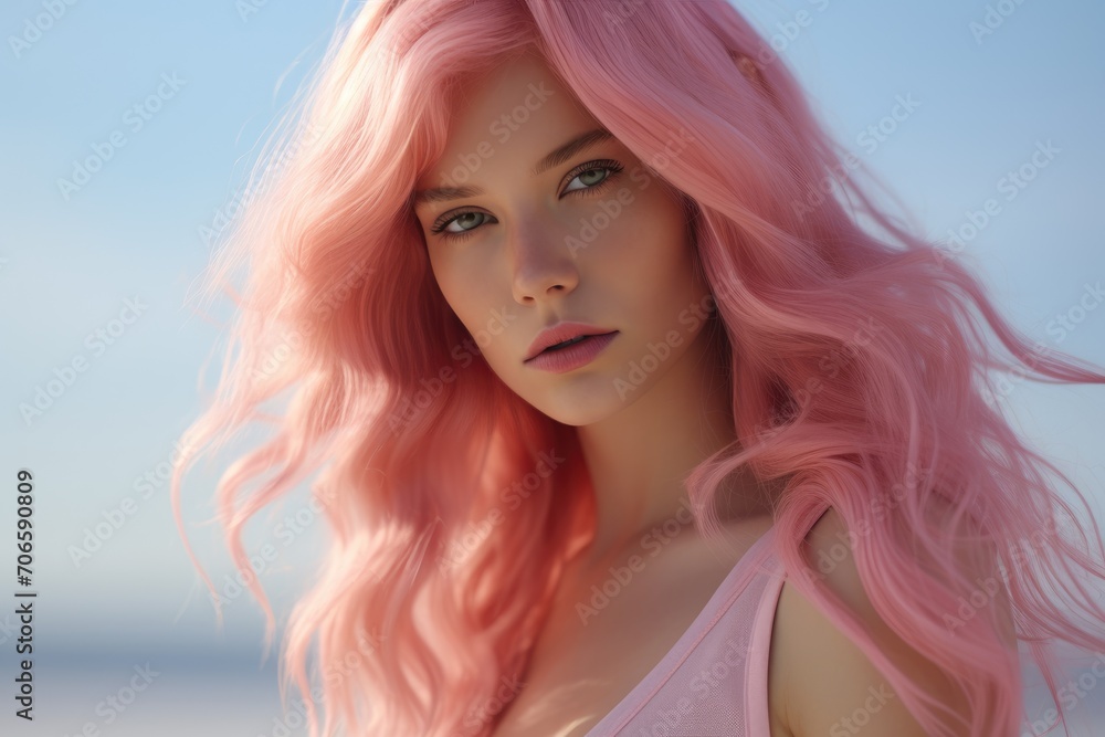 portrait of a caucasian woman with long pink hair looking happily at the camera portrait of a caucasian woman with long pink hair looking happily at the camera
