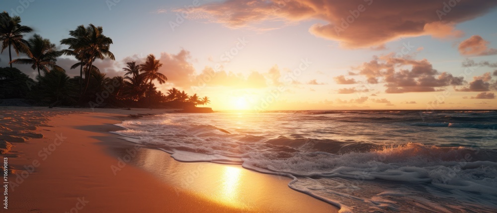 sea sandy beach. Panoramic beach landscape. tropical beach seascape. Orange and golden sunset sky, calm, relaxing sunshine, summer mood. Vacation travel banner