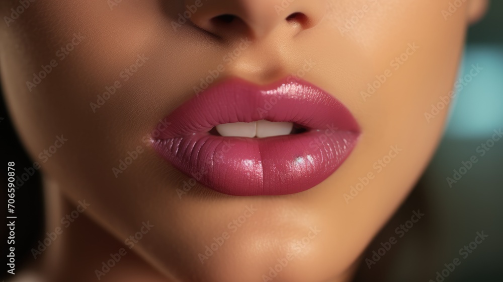 Fototapeta premium pink lips close up. Beautiful Perfect Makeup. macro. Beautiful pink Lip Gloss. advertising. Cosmetic. Mouth open, big lips.