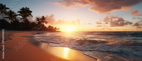 sea sandy beach. Panoramic beach landscape. tropical beach seascape. Orange and golden sunset sky, calm, relaxing sunshine, summer mood. Vacation travel banner © inna717