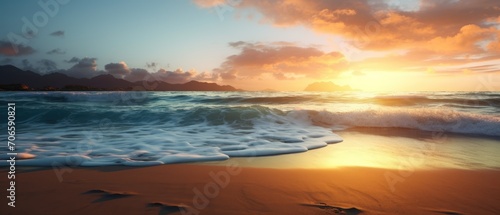 sea sandy beach. Panoramic beach landscape. tropical beach seascape. Orange and golden sunset sky  calm  relaxing sunshine  summer mood. Vacation travel banner
