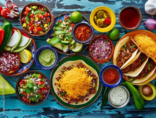 Tacos and Mexican dishes laid out on the table, top view