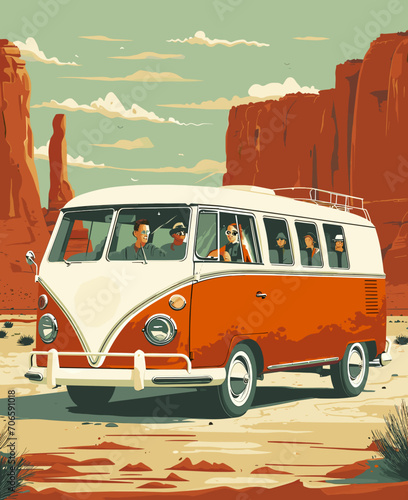 Road Trip USA Camper Van Trekking in Mountains Vector SVG Illustration Digital Download Design