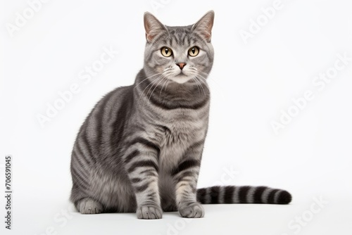 Portrait of gray tabby cat on white background. Lovely pet © inna717