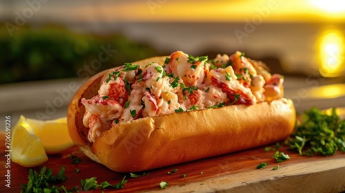 Food photography, lobster roll, fresh herbs and lemon wedges adding color, with a serene seaside backdrop.