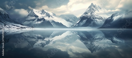 Snowy mountain peaks reflecting in calm lake waters, with cloudy sky and ripples, create a mystical alpine scene.