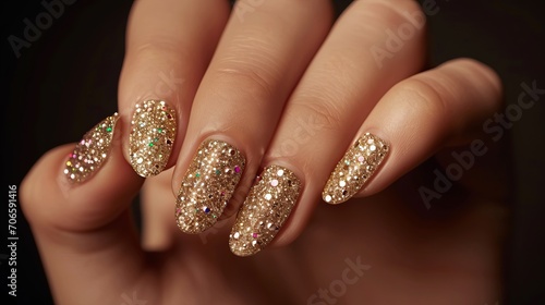 women hands with perfect manicure, gold, shiny, nail salon