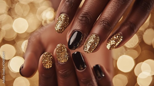 black women hands with perfect manicure, gold, shiny, nail salon photo