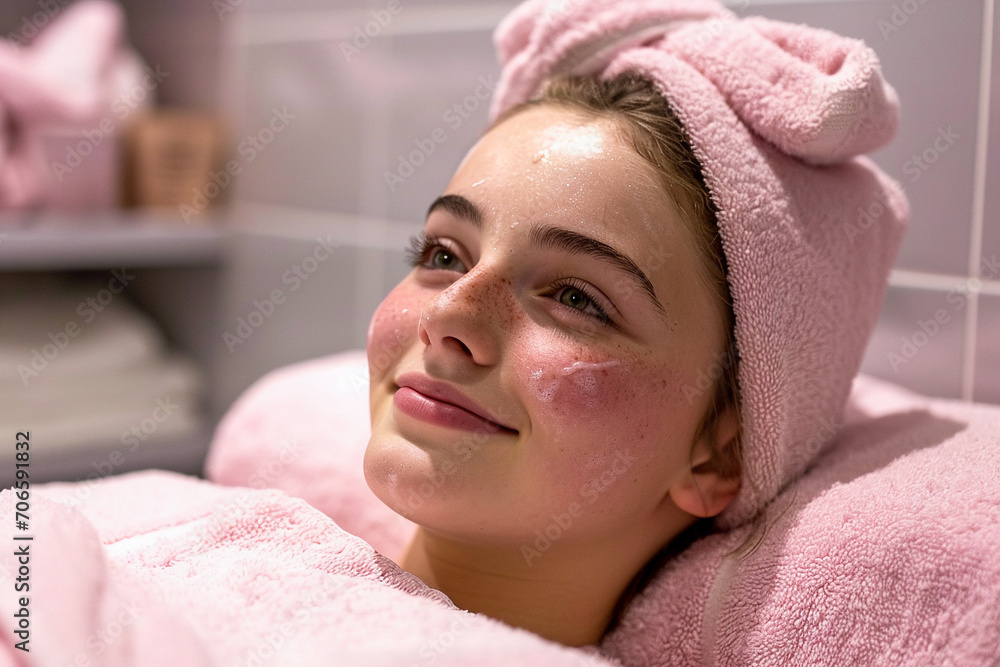 portrait of a young woman in a beauty spa with an anti-aging cream on her face