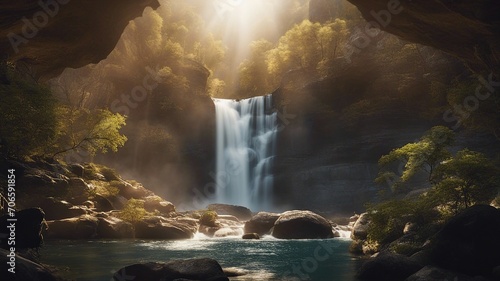 waterfall in the mountains Fantasy waterfall of mystery, with a landscape of hidden caves and treasures, with a Waterfalls  photo