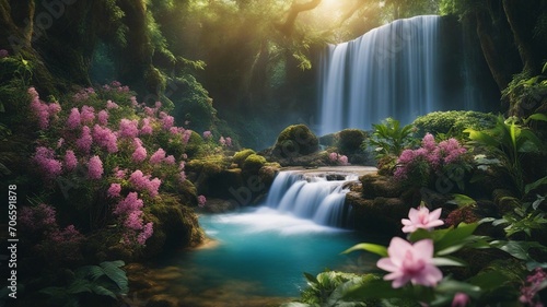 waterfall in the park Fantasy  waterfall of magic, with a landscape of enchanted trees and flowers, with waterfalls © Jared