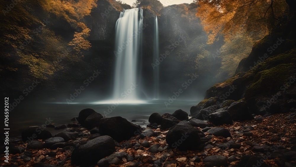 waterfall in the mountains Horror waterfall of fear, with a landscape of dark rocks and shadows, with a Waterfall in autumn  - obrazy, fototapety, plakaty 