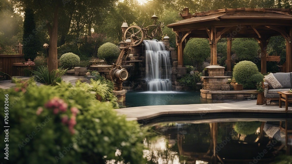 fountain in the park Steam punk backyard landscaping with a patio, a waterfall, a pond, a garden, trees, plants,  