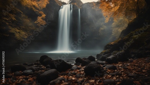 waterfall in the mountains Horror waterfall of fear, with a landscape of dark rocks and shadows, with a Waterfall in autumn  photo