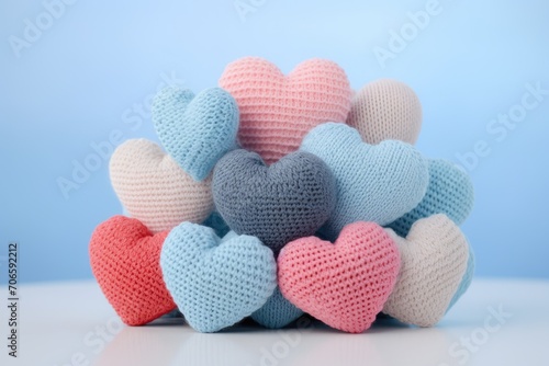 many crocheted hearts. Isolated on a blue background.