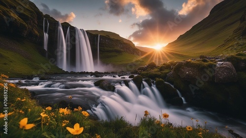 waterfall in the mountains Fantasy sunrise on a waterfall of magic, with a landscape of enchanted trees and flowers, 