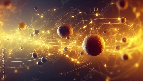 Slow motion of quantum mechanics physical particles, yellow background. The concept was created. photo