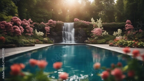 fountain in the park Fantasy swimming pool with a waterfall of magic, with a landscape of enchanted trees and flowers, 
