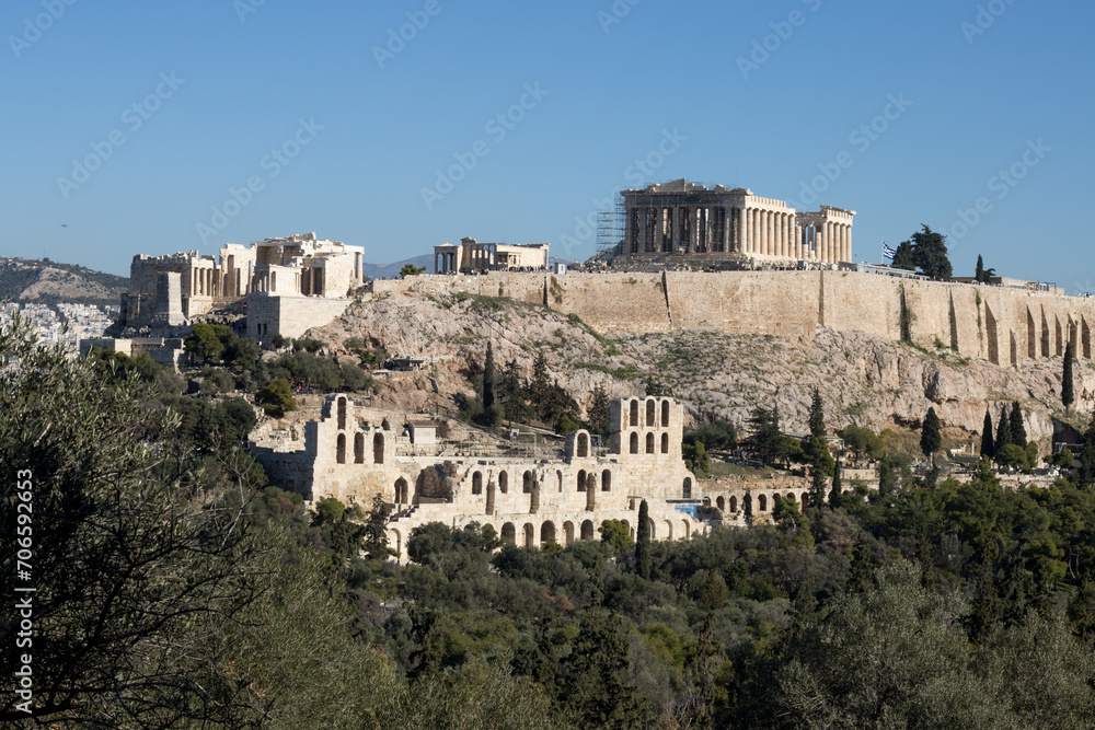 View of the Acropolis and Parthenon from Philopappos Hill in Athens, Greece