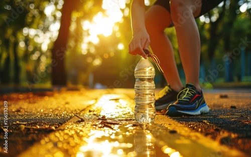 Woman tying her shoes before a run on a racetrack in the park with bottle of water in focus on a bright background, with a blurred image of a sporty.