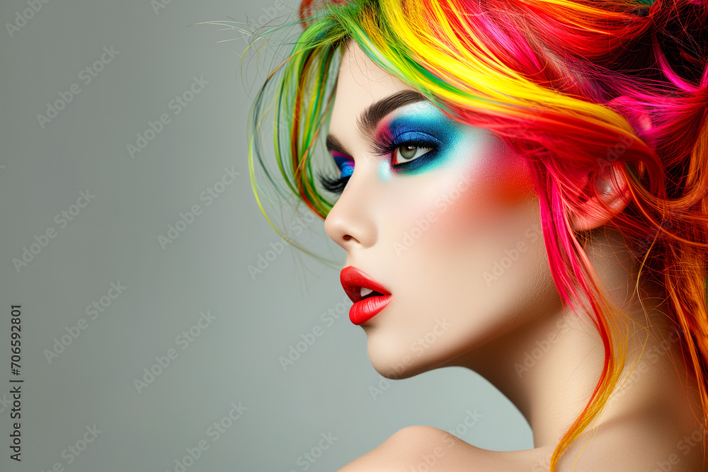 Woman with bright makeup and bright hair with bright colors on her face. Lovely young woman with colored rainbow eyelashes, multi-color wig and bright makeup touches her face. Beautiful fashion model Woman with bright makeup and bright hair with bright colors on her face. Lovely young woman with colored rainbow eyelashes, multi-color wig and bright makeup touches her face. Beautiful fashion model