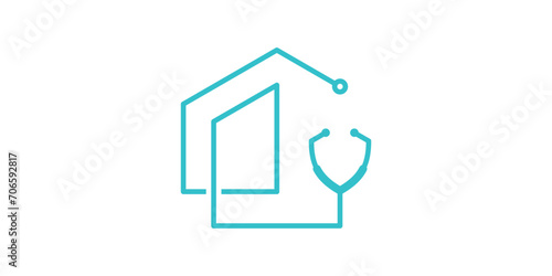 The logo design combines the shape of a house with a stethoscope.clinic or hospital.