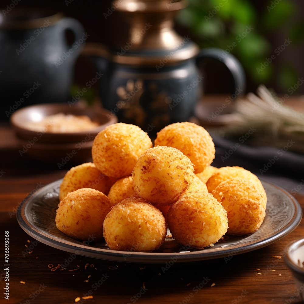 Traditional Brazilian cheese bread balls on the plate close-up