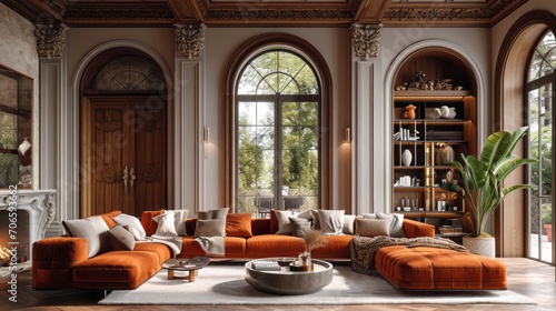 Luxury living room with wooden doors, premium style. Neoclassic interior design.