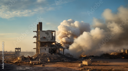 smoking ruined buildings in ghaza, AI Generative. photo